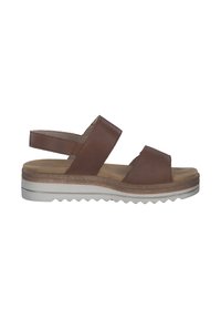 Brown leather slingback sandals with two wide straps, padded insole, and a textured white rubber sole featuring a zigzag pattern.
