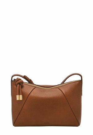 Borsa a mano in pelle marrone strutturata con cerniera superiore curva, dettaglio della tracolla annodata e tracolla corta.