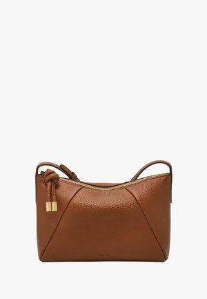 Braune, strukturierte Lederhandtasche mit gebogenem oberen Reißverschluss, geknotetem Riemendetail und kurzem Schulterriemen.