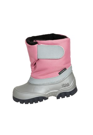 Pink and gray waterproof boot with a textile upper, rubber outsole, adjustable velcro strap, and textured tread for traction.