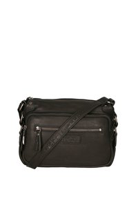 Borsa a tracolla nera in pelle con finitura testurizzata, numerose tasche con zip e una tracolla regolabile con dettagli in rilievo.