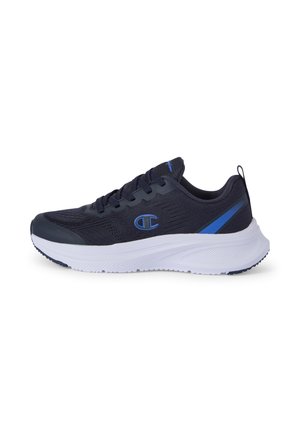 Black and blue athletic sneaker with white thick sole, mesh upper, lace-up front, and a blue logo on the side.