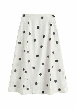 Valkoinen A-linjainen hame, jossa mustia pilkkuja tasaisesti jakautuneina kankaan pinnalle, sileällä vyötärönauhalla ja puolipitkällä helmalla.