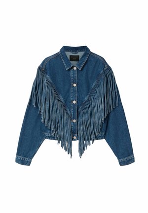 Τζιν μπουφάν με ασημένια κουμπιά και μακριά φούντα που σχηματίζει σχήμα V στο στήθος και τα μανίκια.