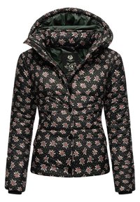 Čierna puff jacket s malým kvetinovým vzorom v ružovej a bielej farbe. Má zelené podšívku, kapucňu a uzáver na cvoky. Štruktúrovaný materiál.