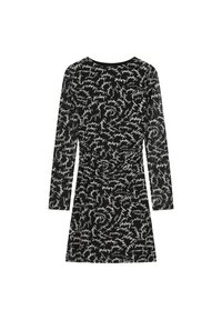 Zwarte jurk met lange mouwen met een draaiend wit scriptpatroon. Zacht materiaal met een aansluitende lijfje en een uitlopende rok.