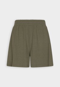 Shorts en tissu côtelé vert olive avec une taille élastique et une coupe droite, présentant une couture soignée le long des ourlets.