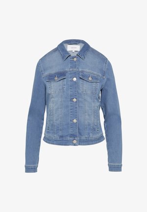 Light blue denim jacket with a classic cut, featuring button closures, two chest pockets, and a slightly cropped hem.