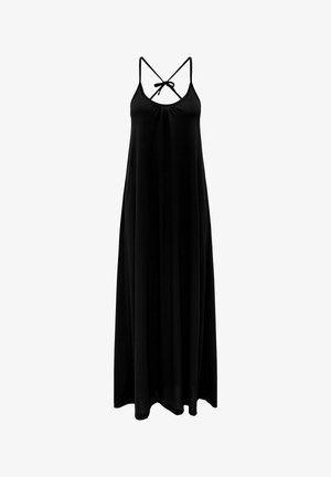 Lang sort maxikjole uden ærmer med tynde stropper, der krydser og bindes bagpå, med en løs og flydende pasform.