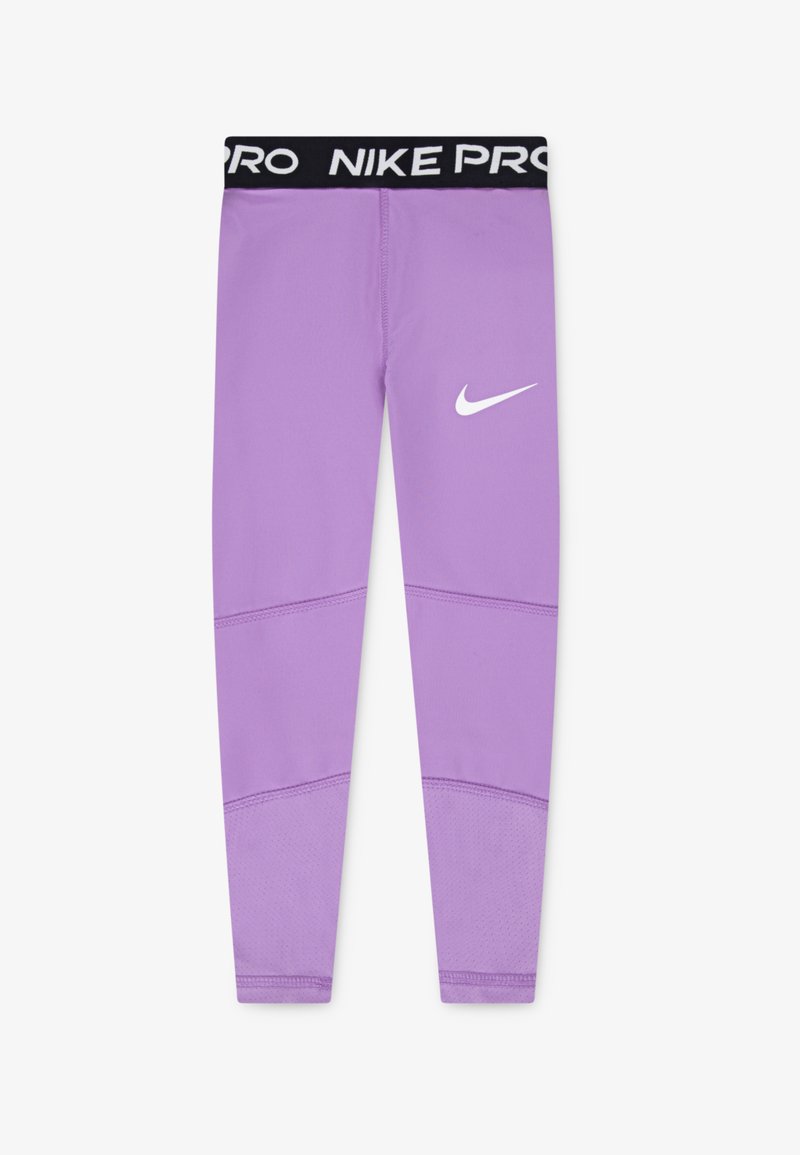 Lillasest retuusid musta NIKE PRO vöökohtaga, millel on valge Nike logo ja tekstureeritud paneelid jalgadel. Sile kangas.