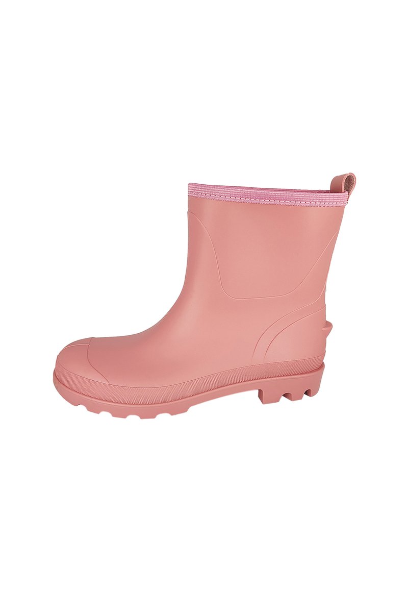 Bottes de pluie en caoutchouc rose avec une surface texturée, hauteur cheville basse et bout arrondi. Présente un bord rose contrasté et une semelle extérieure antidérapante.