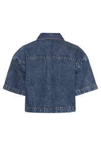 Farkkutakki lyhyillä hihoilla, tummansininen väri, klassinen kaulus ja näkyvät saumat. Ominaisuuksiin kuuluu rento istuvuus ja yksinkertainen takakuvio.