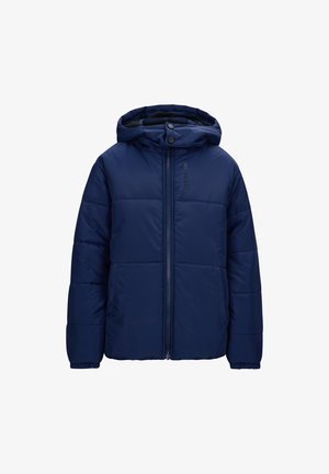 Navy Puffer-Jacke mit Reißverschluss, verstellbarer Kapuze und gestepptem Paneldesign. Mit elastischen Bündchen und Branding auf der Vorderseite.