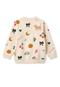 Sudadera color crema con patrones divertidos: gatos, corazones, soles y lazos en varios colores. Puños y dobladillo acanalados. Corte regular.