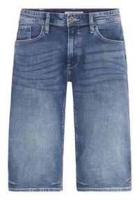 Shorts en denim bleu avec bouton à l'avant, fermeture éclair, passants de ceinture et poches avant, présentant des détails légèrement décolorés et effilochés.