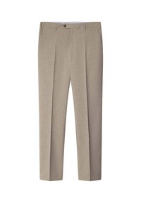 Pantalones beige con textura y diseño de pierna recta, que presentan pliegues a medida y un cierre de botón frontal. Sin bolsillos visibles ni patrones.