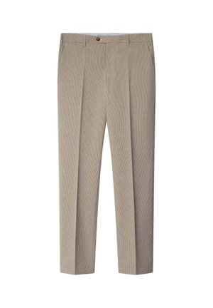 Beige, gestructureerde broek met rechte pijpen, voorzien van persvouwen en een knoopsluiting aan de voorkant. Geen zichtbare zakken of patronen.