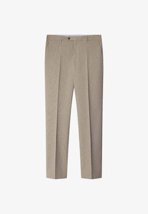 Beige, gestructureerde broek met rechte pijpen, voorzien van persvouwen en een knoopsluiting aan de voorkant. Geen zichtbare zakken of patronen.