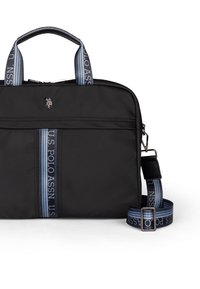 Sort nylon bærepose til bærbar computer med top håndtag og justerbar skulderrem, der har blå brandede accenter og en frontlomme med lynlås.
