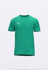 Grønn t-skjorte med korte ermer i mykt stoff, med ribbestrikket rund hals og hvit Puma-logo på venstre bryst.