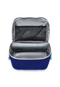 Estuche cosmético azul con un zipper rosa. En su interior, tiene un forro gris con un bolsillo de malla y una sección acolchada para objetos. Material suave y estructurado.