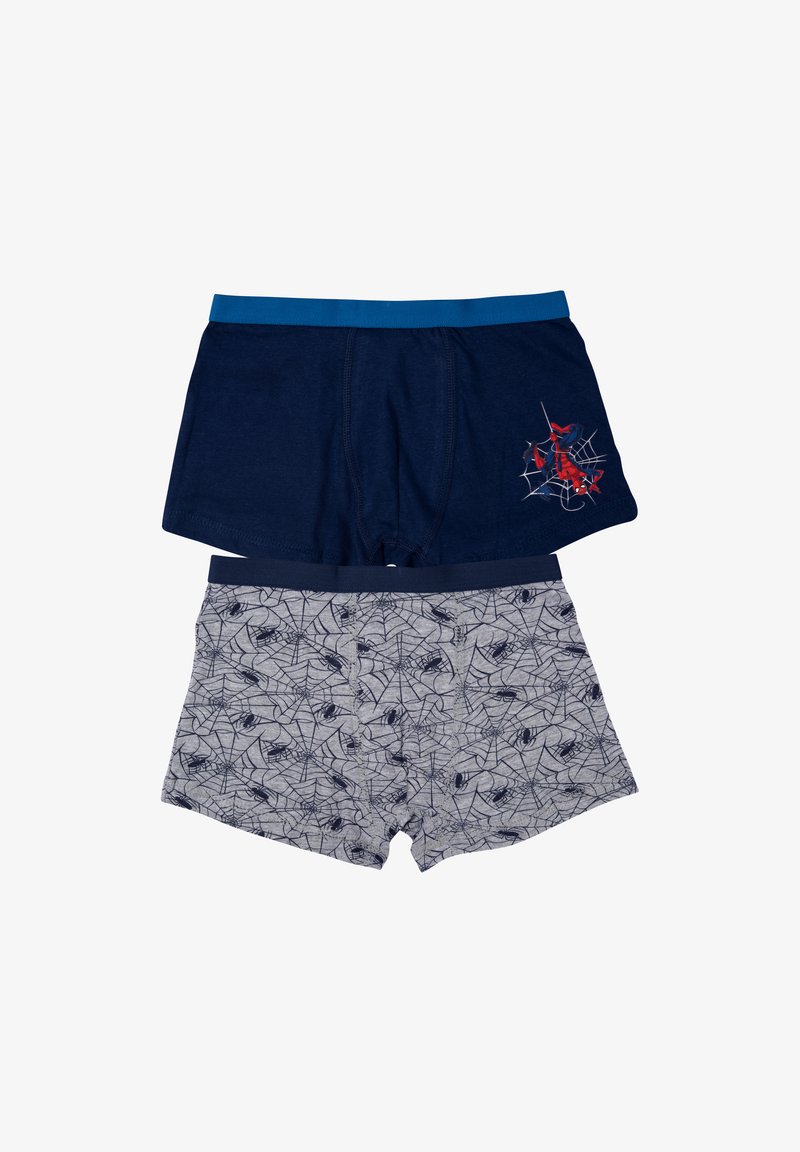 Due paia di boxer shorts per ragazzi: uno blu navy con design di ragnatela rossa e uno grigio con stampa di ragni neri. Materiale morbido in misto cotone.
