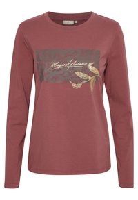 Langarmhemd aus burgunderfarbener Baumwolle mit einem grafischen Design und metallischen Akzenten sowie dem Text "Magical Autumn" auf einem dunklen Hintergrund.