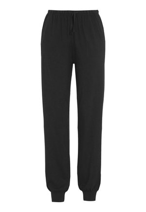 Svarta bomullsbyxor i jogger-stil med elastisk midja, snörstängning och elastiska ärmslut. Har två sidofickor och en slät textur.