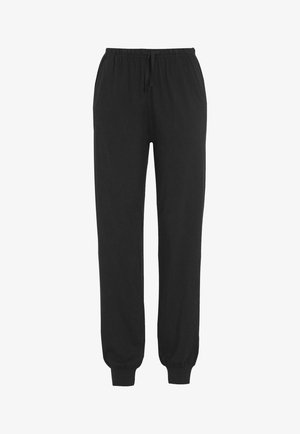 Mustat puuvillaiset jogger-housut, joissa on joustava vyötärö, nyöri sulkemiseen ja joustavat hihnat. Ominaisuuksiin kuuluu kaksi sivutaskua ja sileä pinta.