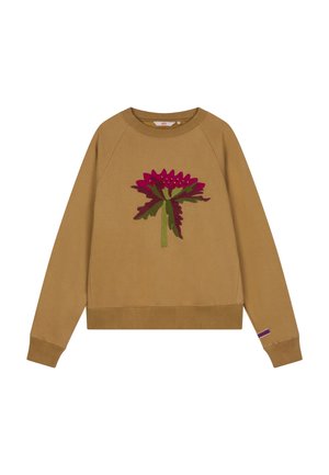 Bruine sweatshirts met raglanmouwen, voorzien van een geborduurd bloemmotief in groen en roze. Ribgebreide kraag en manchetten, zachte textuur.