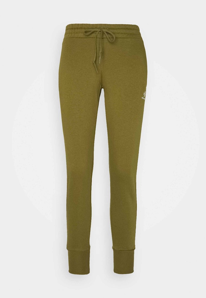 Pantalon de jogging slim fit vert olive avec taille élastique et cordon, poignets côtelés aux chevilles et petit logo blanc sur la cuisse gauche.
