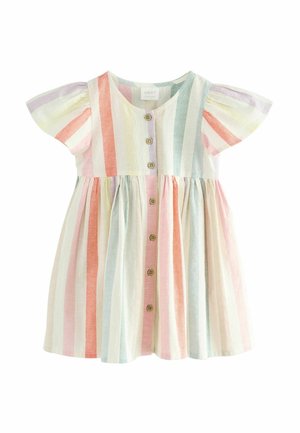 Robe à manches courtes bouffantes, rayures verticales pastel en rose, orange, vert, violet et beige, avec des boutons en bois à l'avant.
