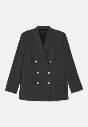 Doppelt gesagt Blazer aus dunkelgrauem Stoff mit einem Spitzkragen, zwei Fronttaschen und sechs silberfarbigen Knöpfen. Glatter Textur.