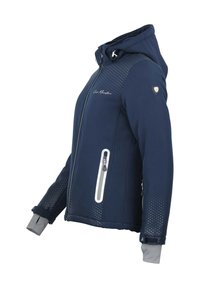 Veste bleu marine avec capuche, poches zippées, texture à pois sur les manches, poignets élastiques, avec des accents réfléchissants et un logo sur la poitrine.