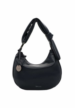 Bolso de hombro de cuero negro con una correa anudada, cierre de cremallera y una placa redonda de metal con la marca colgando cerca del lado superior izquierdo.