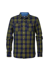 Karierte Flanellshirt in Marineblau, Gelb und Grün. Verfügt über einen Button-Down-Kragen, zwei Brusttaschen und lange Ärmel mit Knopfmanschetten.