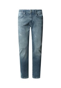 Jeans de color azul claro con un acabado desgastado, que presentan ligeros desgastes, diseño clásico de cinco bolsillos y corte recto.