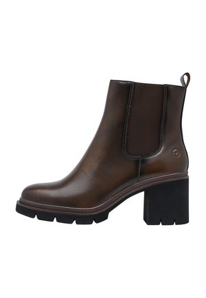 Stivaletto alla caviglia in pelle marrone scuro con pannello laterale elastico, anello posteriore, tacco a blocco nero spesso e suola scolpita.