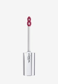 L'Oréal lip product with a silver metallic container and white applicator. Features a fuzzy, donut-shaped tip in a medium pink shade.