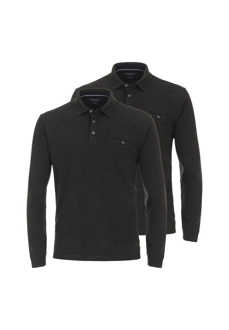 Langärmelige Poloshirts in Dunkelgrau mit klassischem Kragen, Knopfleiste mit drei Knöpfen und einer Brusttasche, aus einem weichen, strukturierten Stoff.