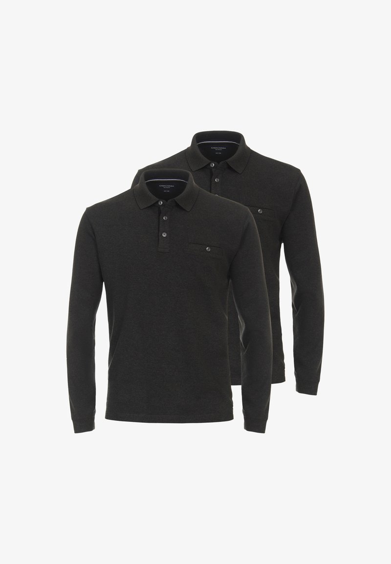 Langärmelige Poloshirts in Dunkelgrau mit klassischem Kragen, Knopfleiste mit drei Knöpfen und einer Brusttasche, aus einem weichen, strukturierten Stoff.