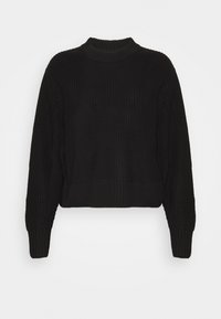 Svart stickad tröja med ribbad rundad halsringning, långa ärmar och kort design. Texturen är kraftig och vävd, vilket ger värme.