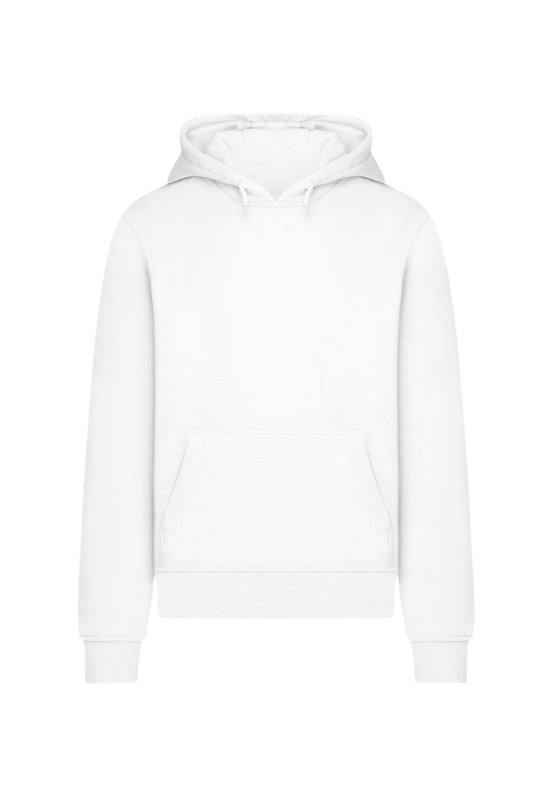 Weißer Kapuzenpullover aus weichem Stoff, mit einer vorderen Kängurutasche, gerippten Bündchen und einer Kapuze mit Kordelzug. Glatte Textur, schlichtes Design.