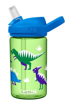 Grüne CamelBak Trinkflasche mit blauem Deckel und klarem Strohhalm, verziert mit bunten Dinosaurier-Illustrationen und weißen Pflanzenformen.