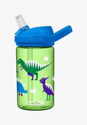 Green CamelBak water bottle with blue lid and clear straw, decorated with colorful dinosaur illustrations and white plant shapes.