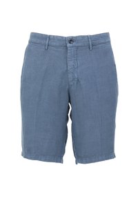 Blauwe linnen shorts met een rechte snit, enkele knoopsluiting, voorzakken en omgeslagen zoom, met een gestructureerde stof.