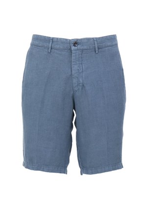 Blauwe linnen shorts met een rechte snit, enkele knoopsluiting, voorzakken en omgeslagen zoom, met een gestructureerde stof.