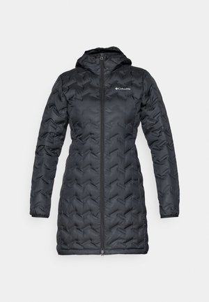 Black long padded winter coat with hood and central zipper, featuring textured chevron stitching and Columbia logo on the chest.