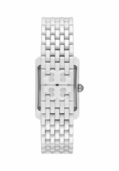 Bracelet de montre en céramique blanche et métal avec fermoir caché et boîtier rectangulaire sans cadran visible.