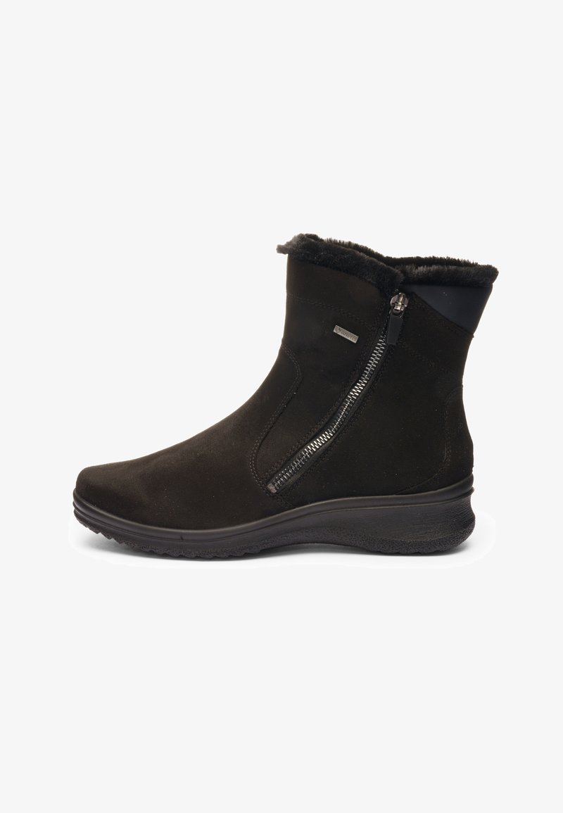 Black ankle boot with side zipper, fur lining, low wedge sole, and weather-resistant material.